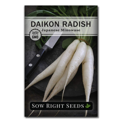 Seed packet for Sow Right Seeds Japanese Minowase Daikon, heirloom and non-GMO for home gardens.