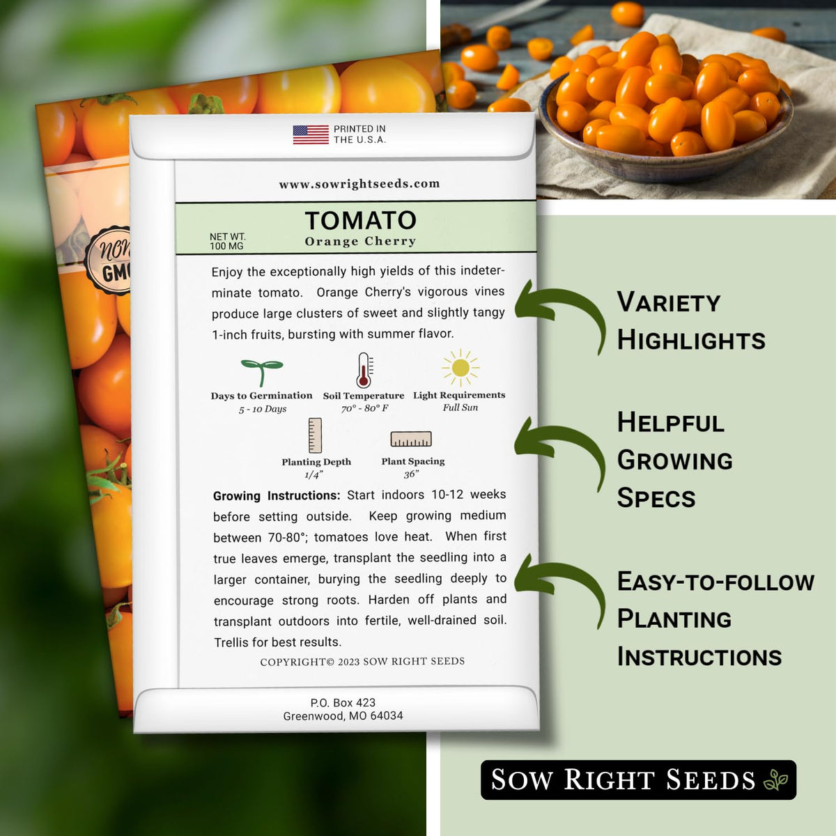 Sow Right Seeds Orange Cherry Tomato germination image showing quick sprouting in warm soil.