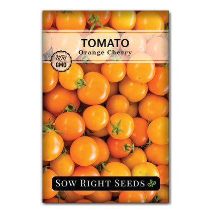 Sow Right Seeds Orange Cherry Tomato seeds packet, premium heirloom seeds for home gardening.
