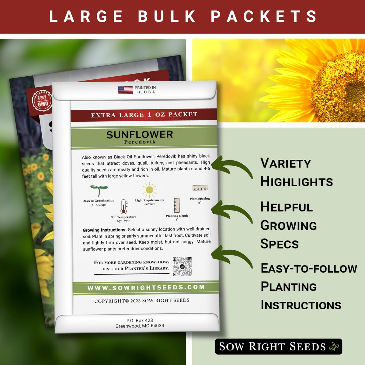 Sow Right Seeds Peredovik sunflower seed packet with germination instructions