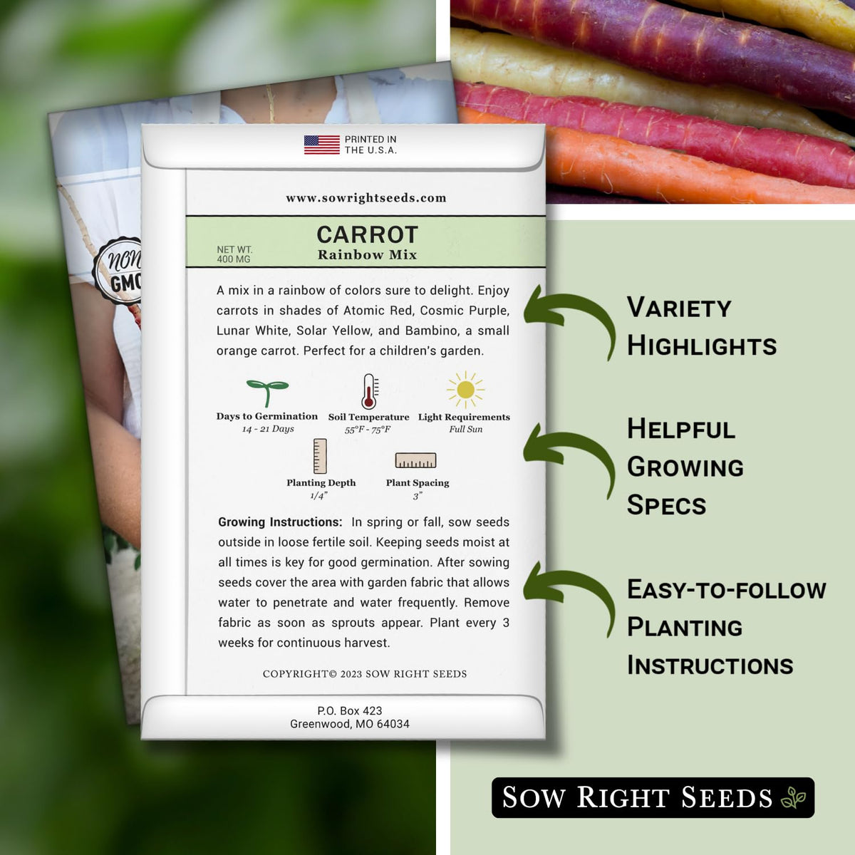 Sow Right Seeds Rainbow Mix carrots with colorful roots add visual appeal to garden beds.