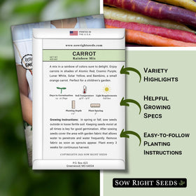 Sow Right Seeds Rainbow Mix carrots with colorful roots add visual appeal to garden beds.