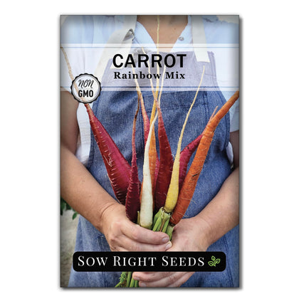 Rainbow mix carrot seed pack from Sow Right Seeds showing color variety for home gardens.
