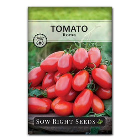 Sow Right Seeds Roma tomato seeds package showing heirloom variety for home canning and sauces
