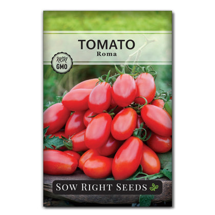 Sow Right Seeds Roma tomato seeds package showing heirloom variety for home canning and sauces