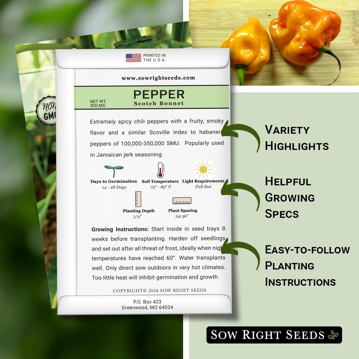 Sow Right Seeds Scotch Bonnet seeds with planting instructions for reliable germination.