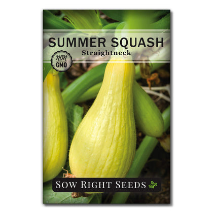 Sow Right Seeds straightneck yellow squash seed packet ready for planting, easy home gardening.