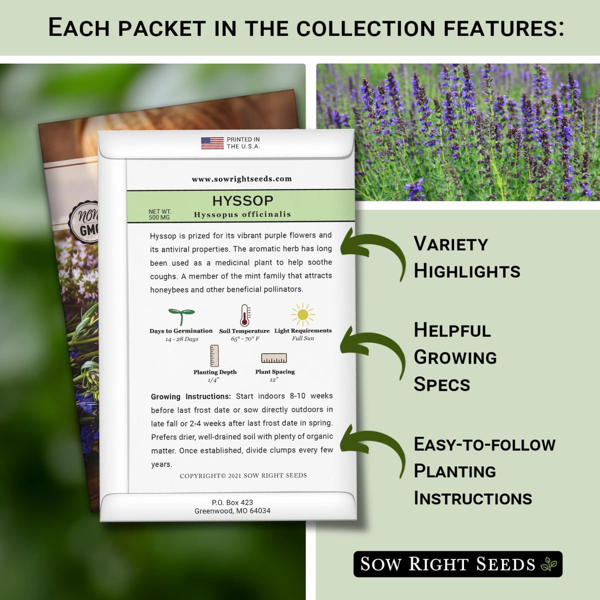 Sow Right Seeds lavender seed packet with fragrant blooms for calming tea.