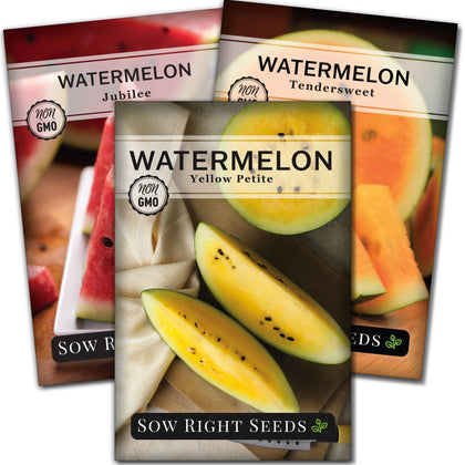Sow Right Seeds Tri-Color Watermelon Seed Collection packets ready for planting in a sunny garden.