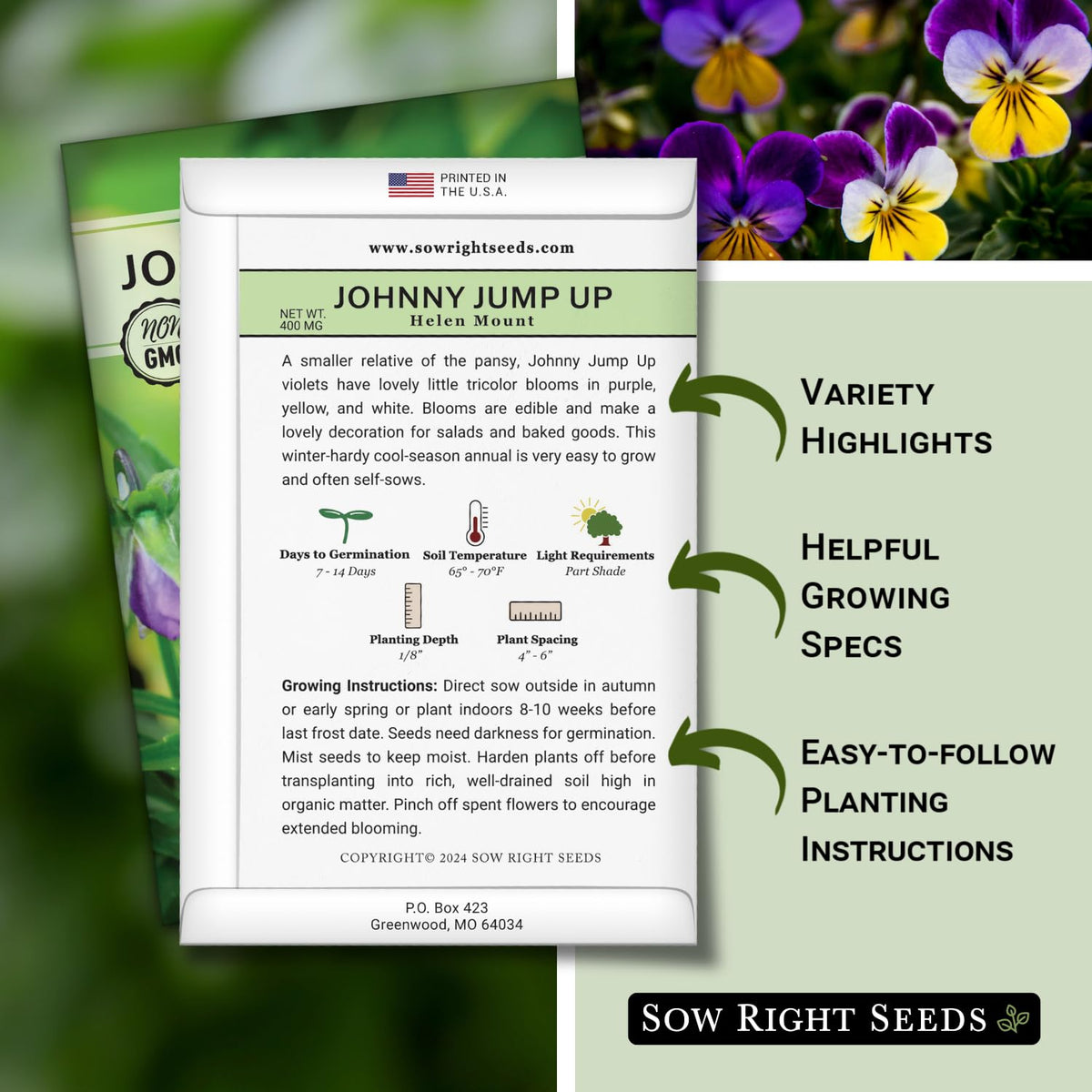 Sow Right Seeds tri-color Johnny Jump-Up blossoms brighten garden color.