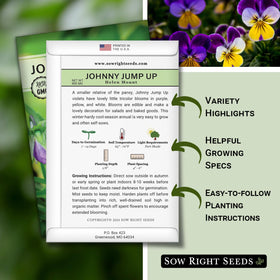 Sow Right Seeds tri-color Johnny Jump-Up blossoms brighten garden color.