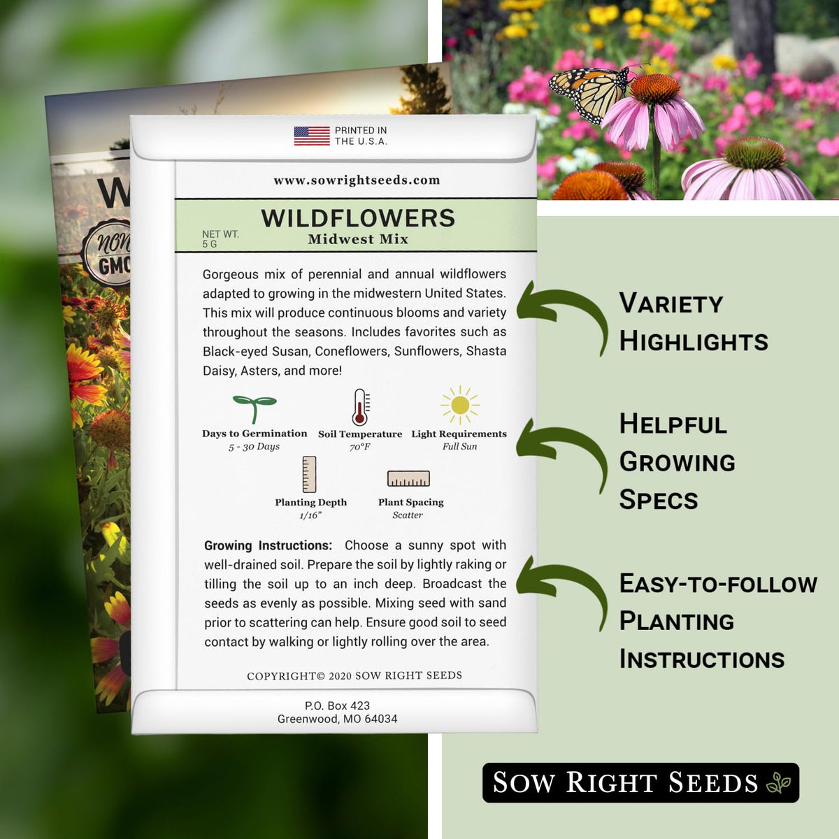 Sow Right Seeds Midwest wildflower mix close-up—colorful petals and varied heights.