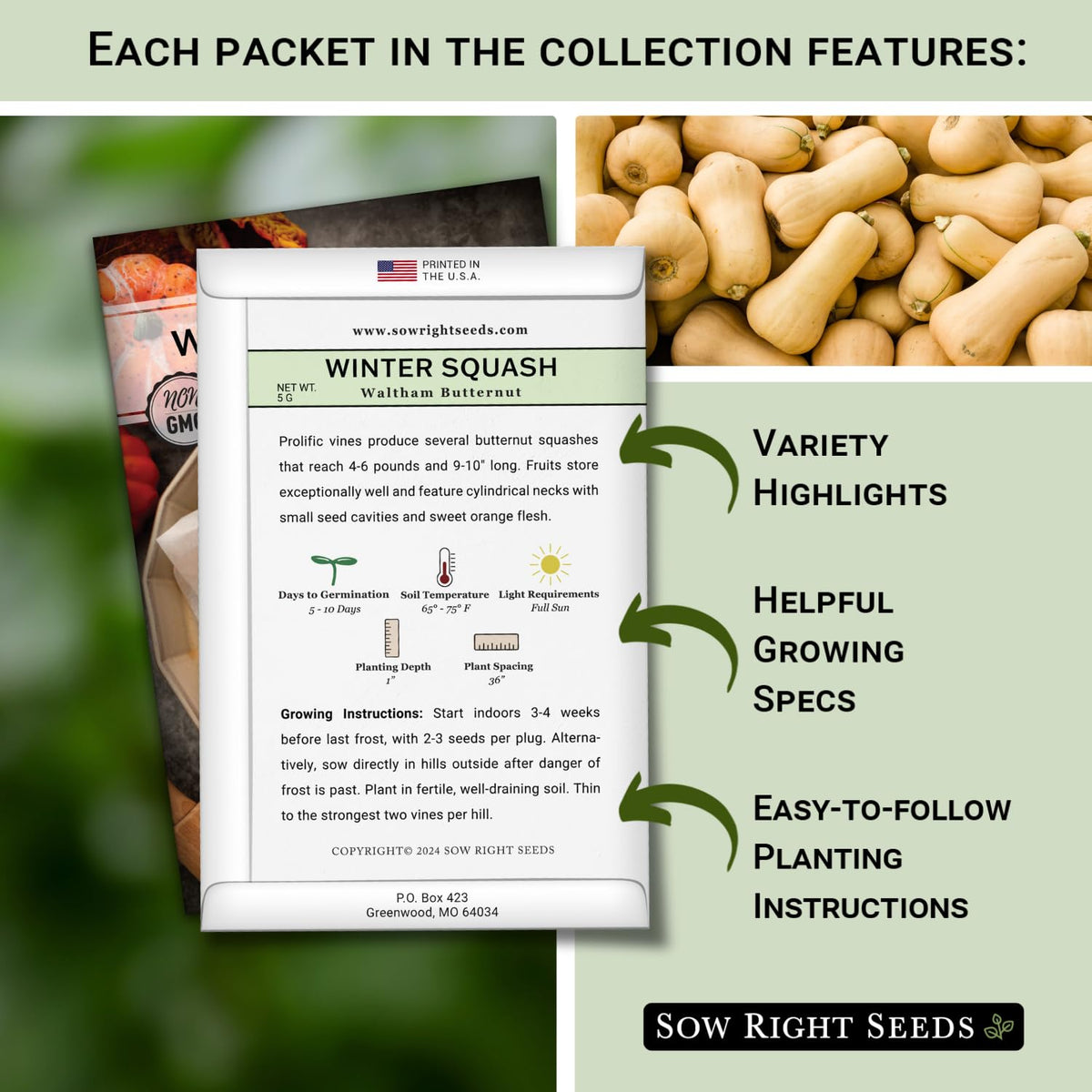 Sow Right Seeds waltham butternut seed pack ideal for creamy soups and roasts