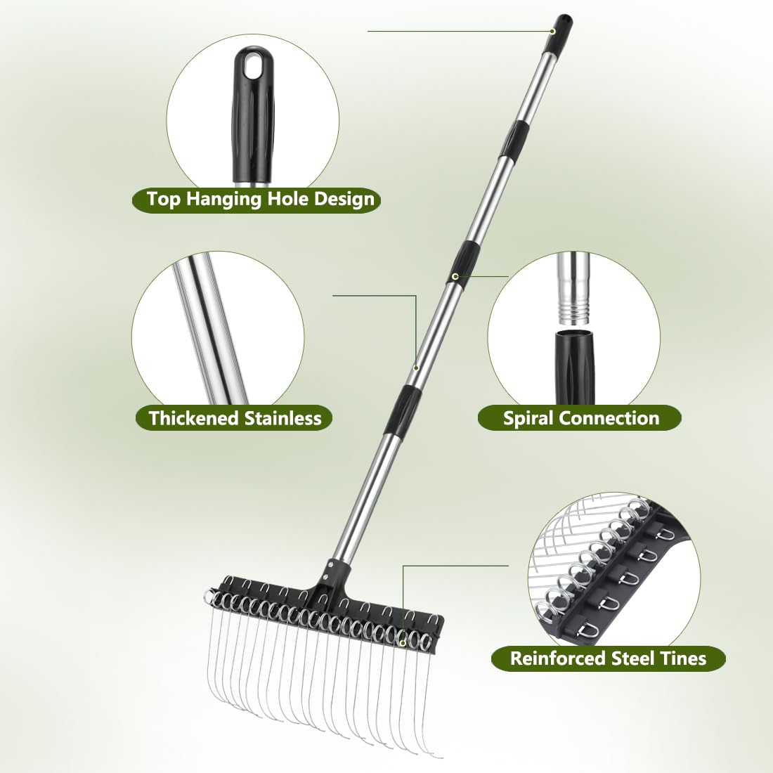 Soysehung rake shows carbon steel tines with rust-resistant coating for durability