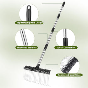 Soysehung rake shows carbon steel tines with rust-resistant coating for durability