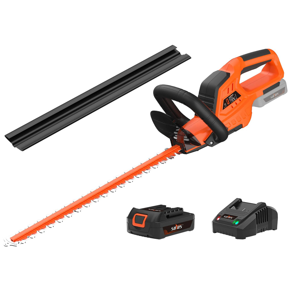 SOYUS hedge trimmer with 180-degree rotating handle for versatile trimming.
