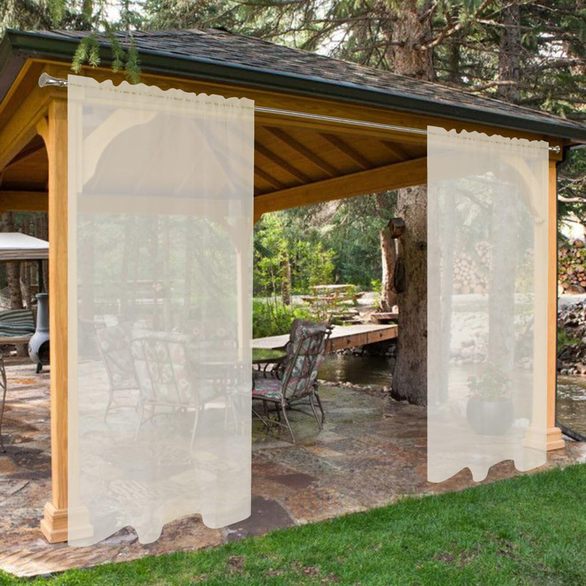 SpaceDresser outdoor sheer curtains with rod pockets for easy patio installation and soft light.