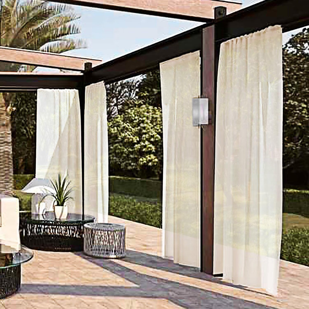 SpaceDresser waterproof sheer fabric provides moisture resistance while maintaining airy privacy for outdoor spaces.