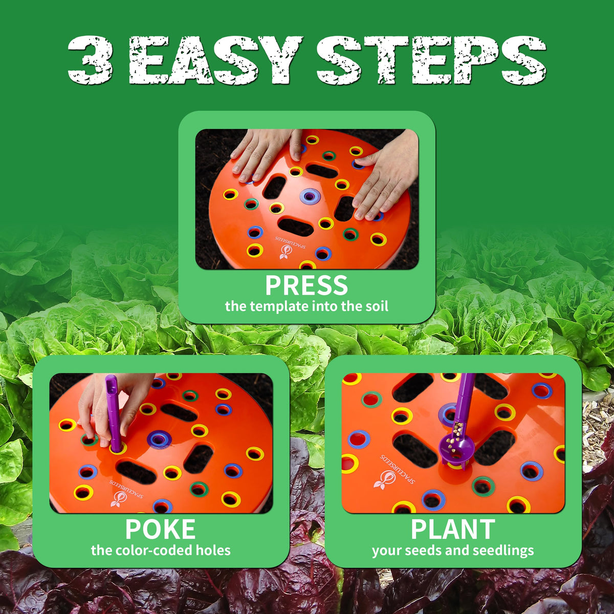 Spaceurseeds dibber with seed spoon guides hole placement for neat rows.