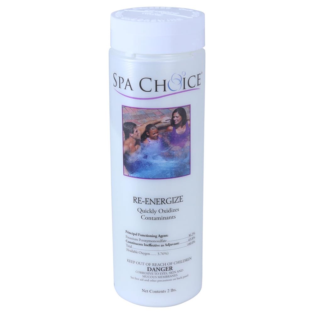 SpaChoice oxygen-based oxidizer label emphasizes odor reduction and clearer water