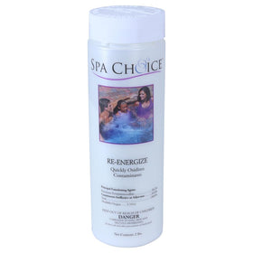 SpaChoice oxygen-based oxidizer label emphasizes odor reduction and clearer water
