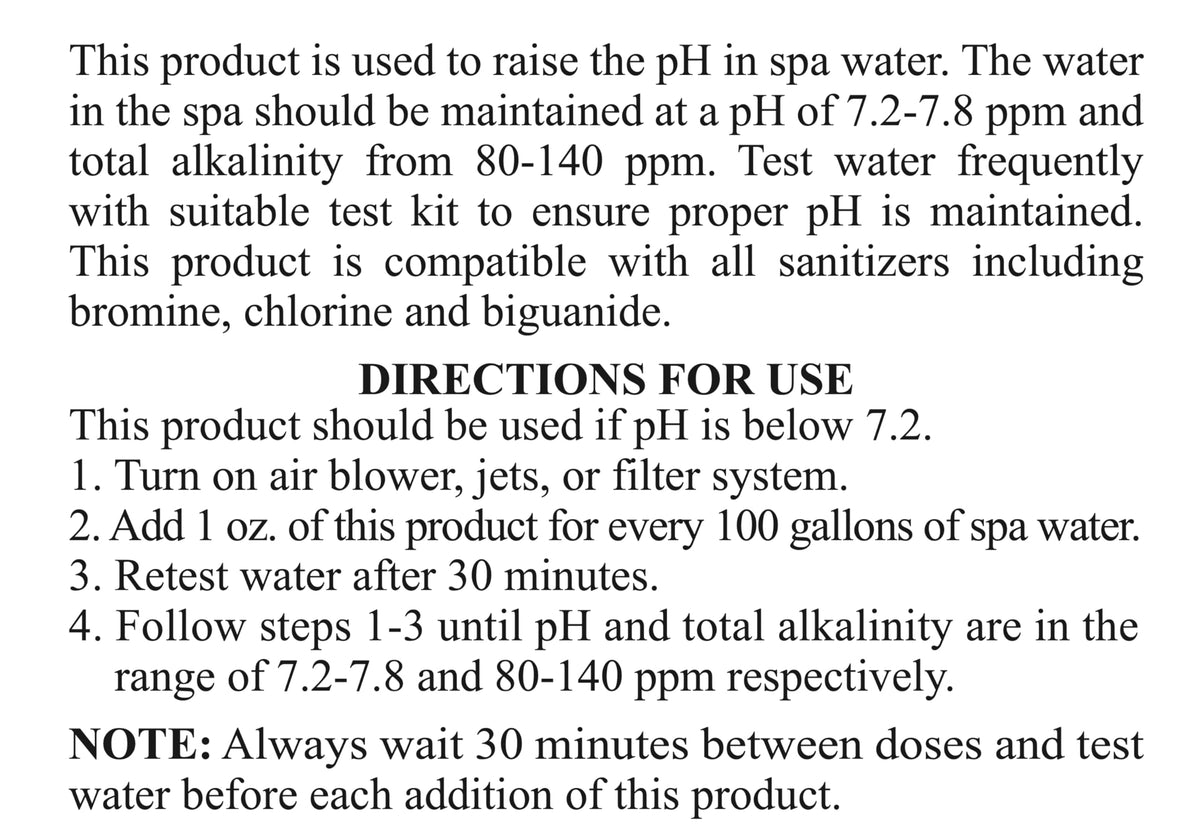 SpaChoice Made in USA label on premium pH increaser bottle.