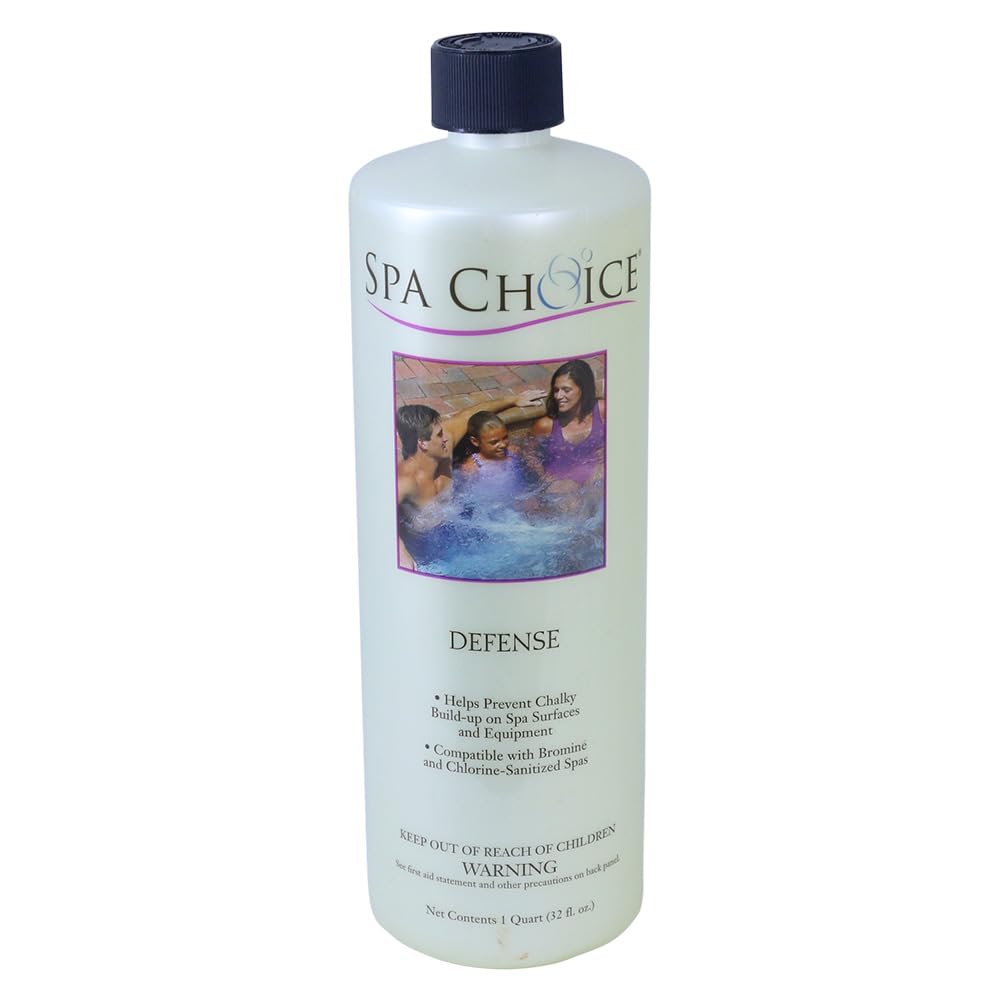SpaChoice Premium Defense descaler bottle close-up highlighting scale prevention for spas.