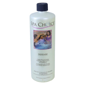SpaChoice Premium Defense descaler bottle close-up highlighting scale prevention for spas.