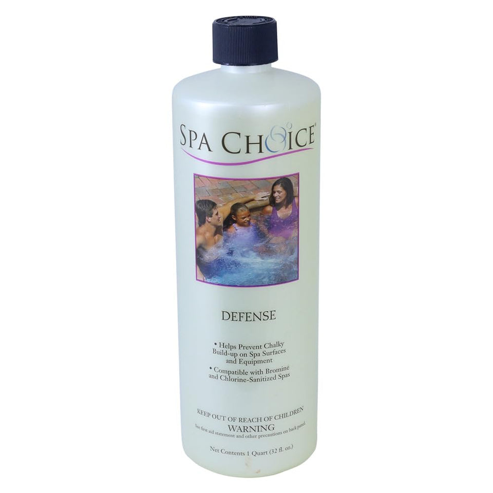 SpaChoice Premium Defense descaler bottle close-up highlighting scale prevention for spas.