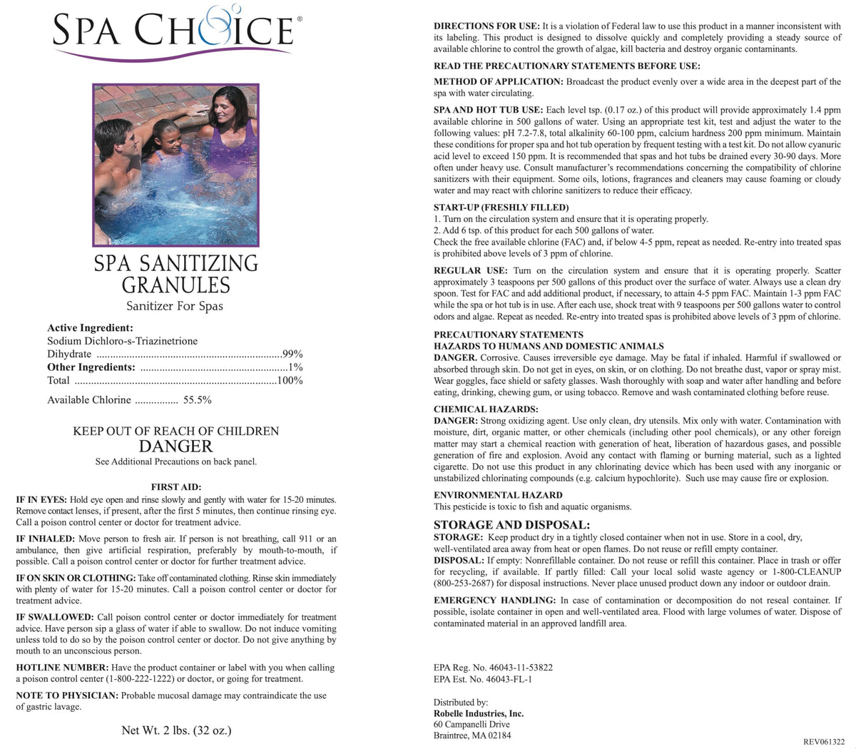 SpaChoice spa granules dose-spoon showing accurate dosing for 500 gallons
