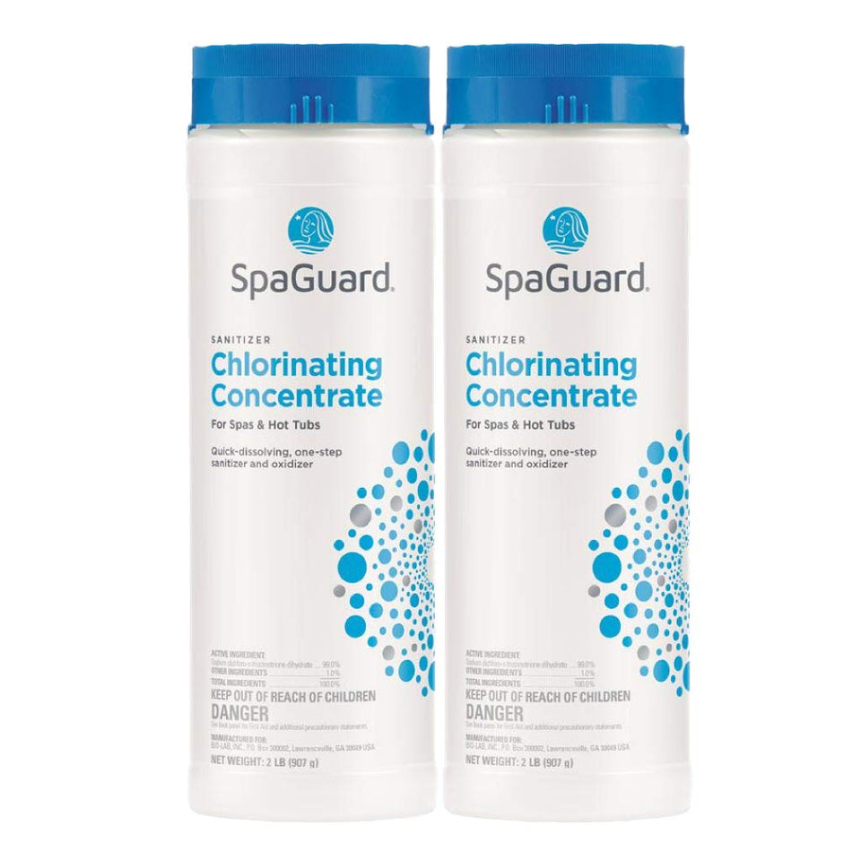 SpaGuard Spa Chlorinating Concentrate bottle pour to sanitize spa water safely.