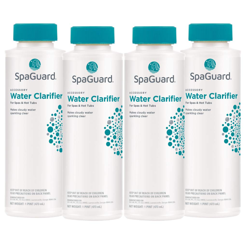 SpaGuard Spa Water Clarifier bottle being poured for rapid clarity and filter performance.