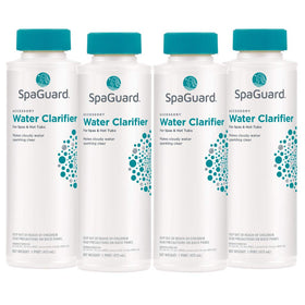 SpaGuard Spa Water Clarifier bottle being poured for rapid clarity and filter performance.