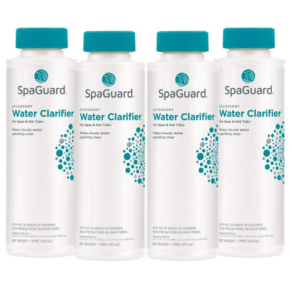 SpaGuard Spa Water Clarifier bottle being poured for rapid clarity and filter performance.