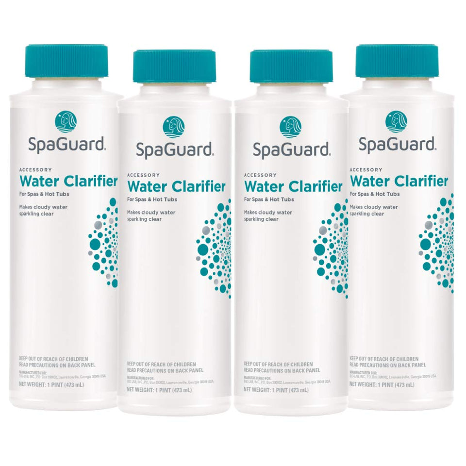 SpaGuard Spa Water Clarifier bottle being poured for rapid clarity and filter performance.