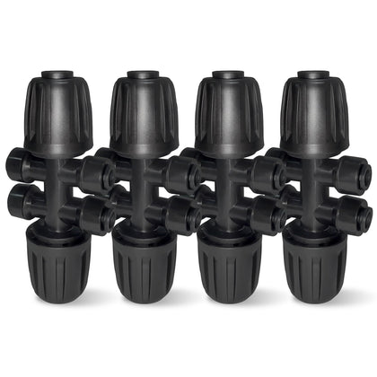 Spalolen four-pack barbed tee connector for precise drip distribution.
