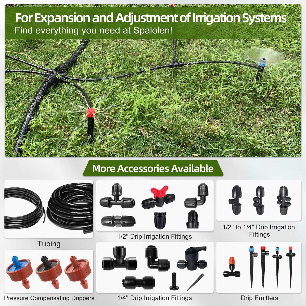 Spalolen multi-size emitters series for flexible irrigation setups.