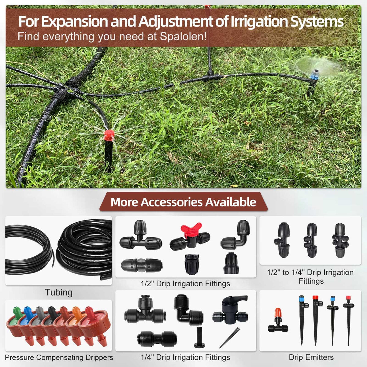 Spalolen outdoor irrigation setup under sun on garden beds
