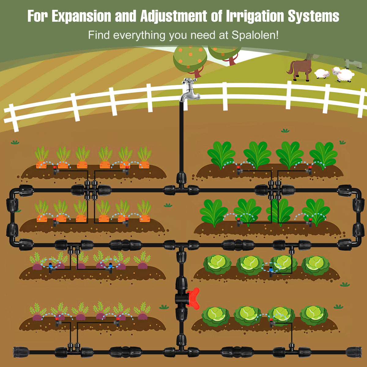 Spalolen water distribution branching enables multiple drip lines