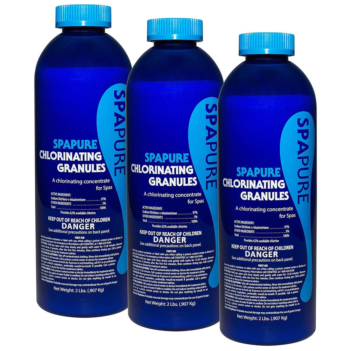 SpaPure chlorinating granules 3-pack bottle label keeps hot tub water clean.