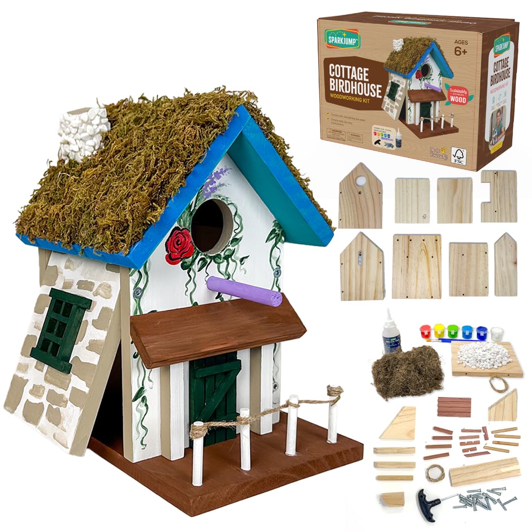 SparkJump Cottage Birdhouse Kit wood parts illustrate sturdy build for a backyard project