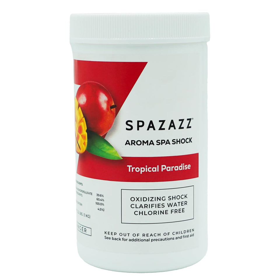 Spazazz Tropical Paradise spa shock bottle for crystal-clear water.