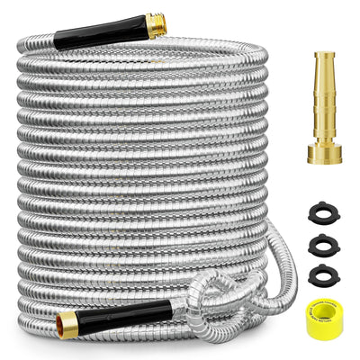 SPECILITE 100ft stainless steel garden hose fully extended for long reach