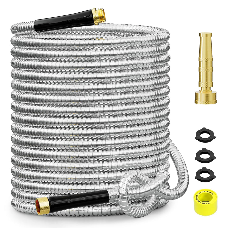 SPECILITE 100ft stainless steel garden hose fully extended for long reach