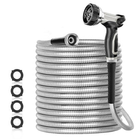 SPECILITE 175ft stainless steel garden hose coiled for easy storage and durability