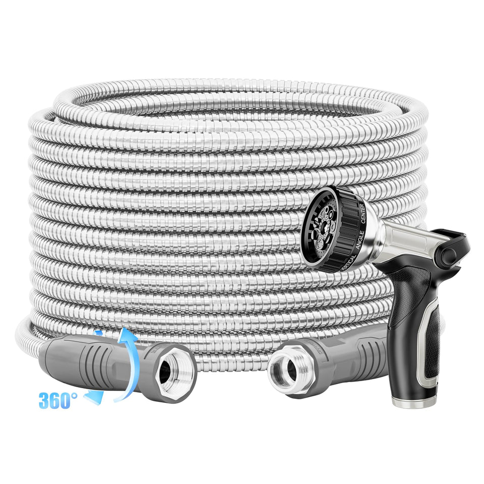 SPECILITE 304 stainless steel garden hose with 50ft reach for efficient watering.