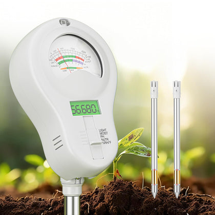 SPECILITE 6-in-1 soil tester with dial and LCD readout for precise moisture and pH readings.