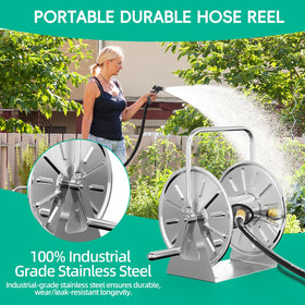 SPECILITE hose reel with brass connector emphasizing leak-proof durability.