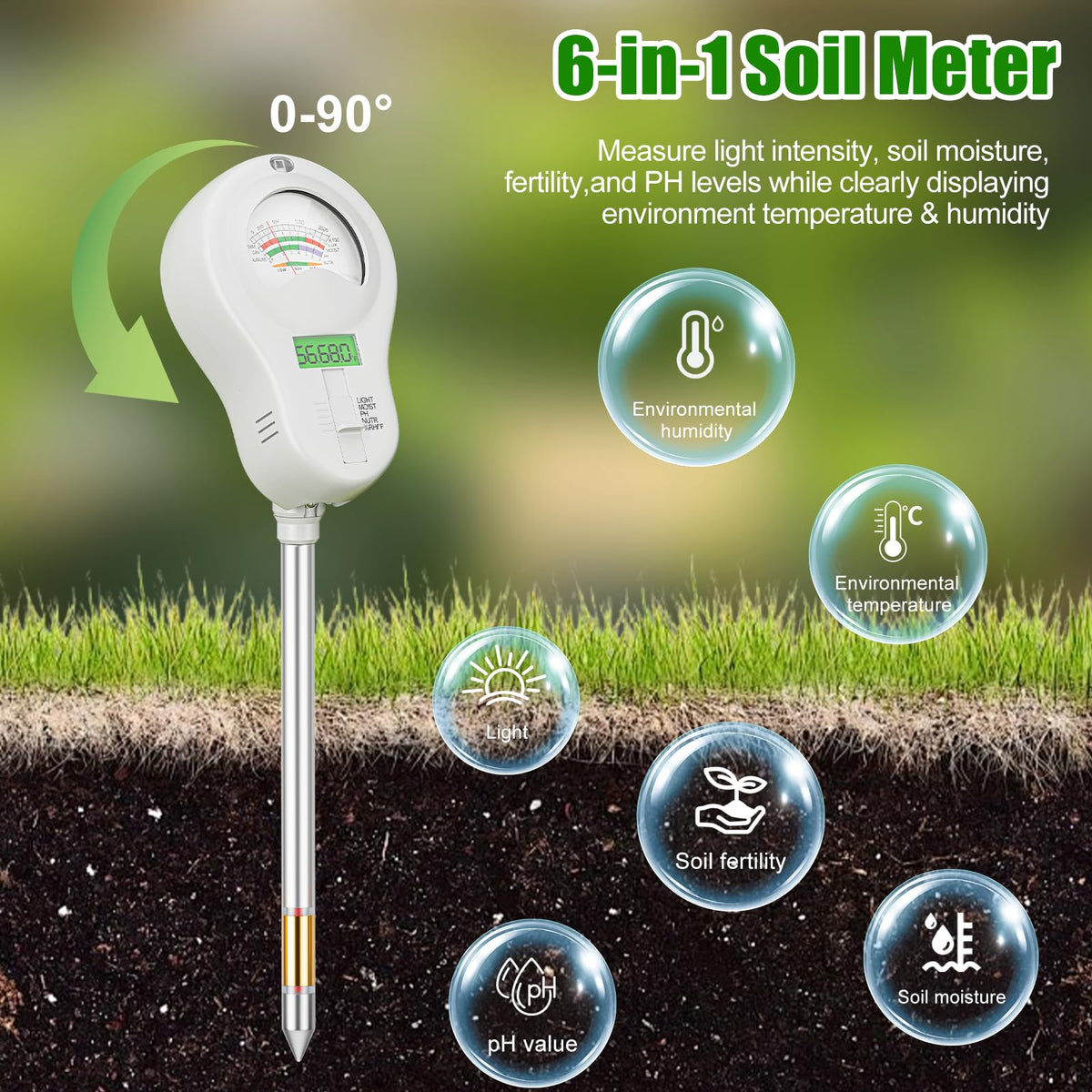 Compact digital meter shows light, temperature, and humidity for healthy plant care.