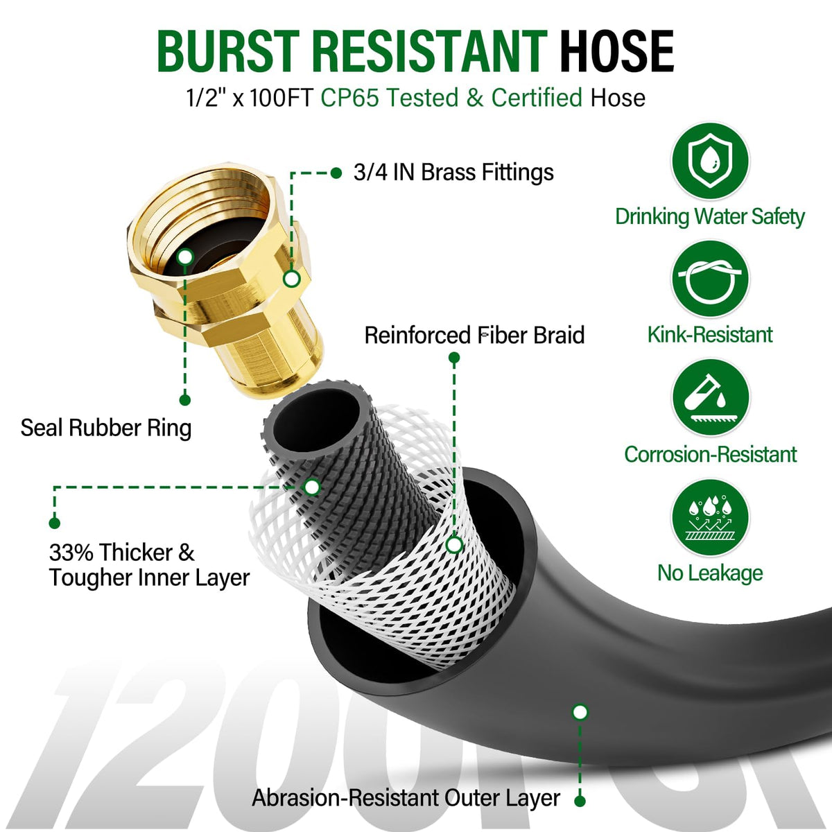 SPECILITE half-inch 100ft potable water hose with durable brass fittings